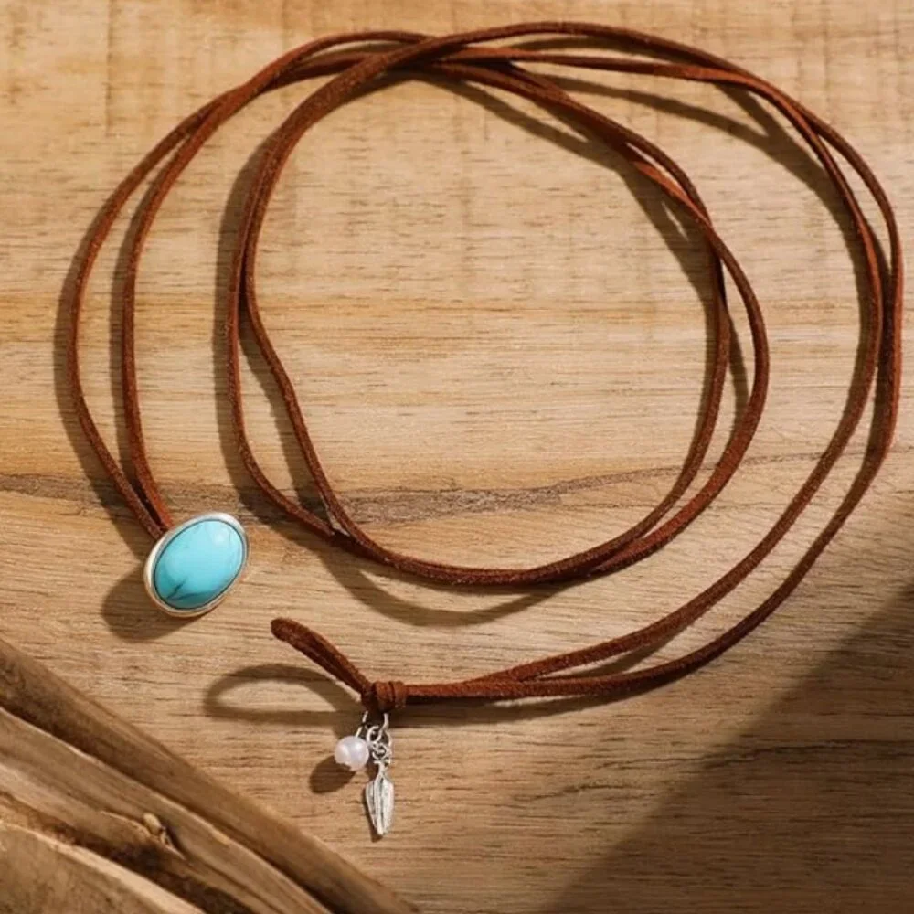 Boho Vintage Turquoise Pendant Choker, Bohemian, Vacation, Leather Cord